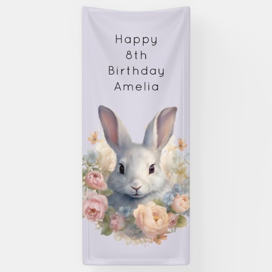 Rabbit Surrounded by Pastel Flowers Cute Birthday Banner (Vertikal)