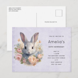 Rabbit Surrounded by Pastel Flowers Cute Birthday Einladungspostkarte