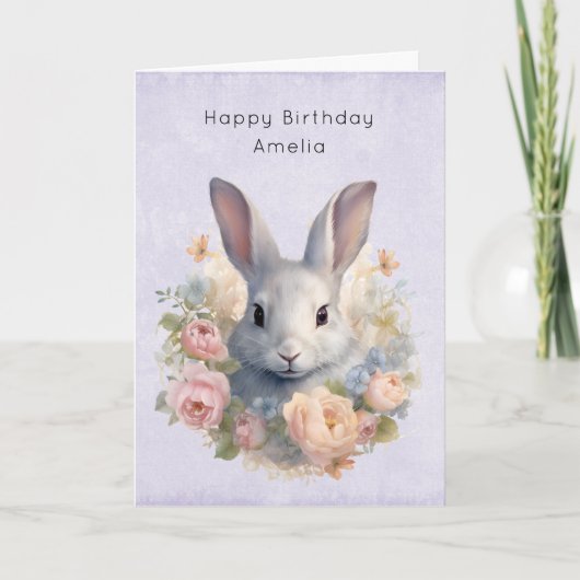 Rabbit Surrounded by Pastel Flowers Cute Birthday Karte (Vorderseite)