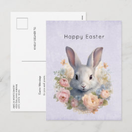 Rabbit Surrounded by Pastel Flowers Cute Easter Feiertagspostkarte