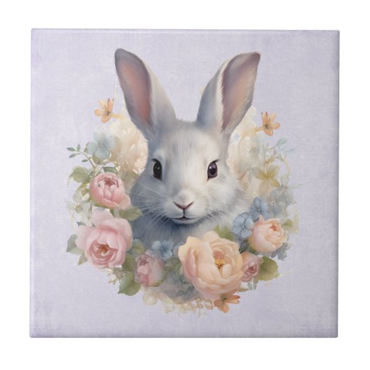 Rabbit Surrounded by Pastel Flowers Cute Fliese (Vorderseite)