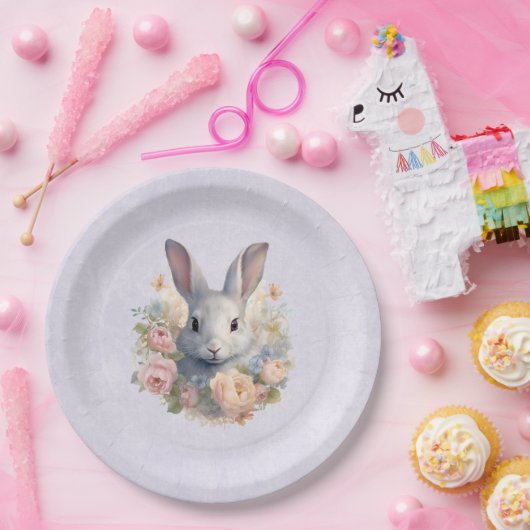 Rabbit Surrounded by Pastel Flowers Cute Pappteller (Party)