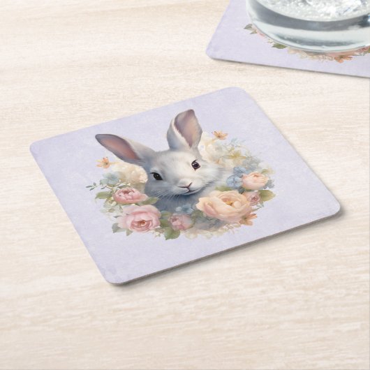 Rabbit Surrounded by Pastel Flowers Cute Rechteckiger Pappuntersetzer (angewinkelt)
