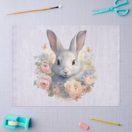 Rabbit Surrounded by Pastel Flowers Cute Seidenpapier (Basteln)
