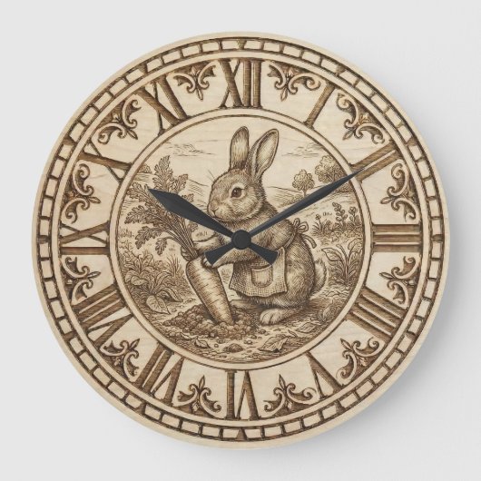 Rabbit Wall Clock – Wood-Burned Style Große Wanduhr (Vorderseite)