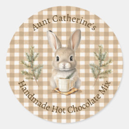 Rabbit with Mug Brown Gingham Hot Cocoa Mix Label Runder Aufkleber