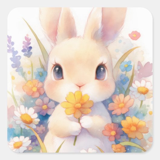Rabbit with Yellow Flower and Spring Wildflower Quadratischer Aufkleber (Vorderseite)