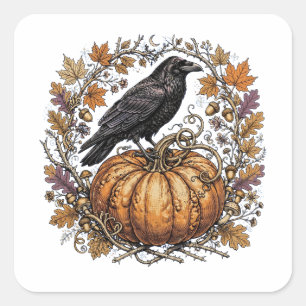 Rabe auf Kürbis Aufkleber - Vintage Herbst Krähe V