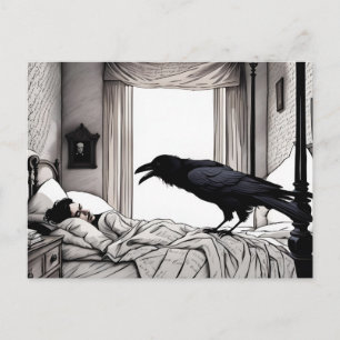 Rabe beobachtet den schlafenden Poe Postkarte
