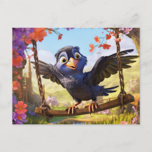 Rabe, der eine Frühlingslandschaft mit Blumen über Postkarte