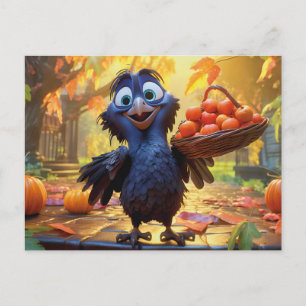 Rabe erntet Äpfel und Kürbisse im Herbst Postkarte