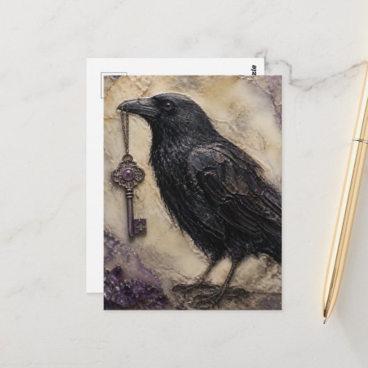Rabe mit einem Schlüssel Postkarte (Vorderseite/Rückseite Beispiel)