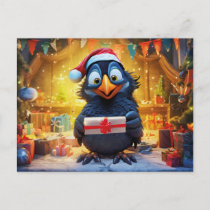 Rabe mit Weihnachtsmannmütze und Geschenk in festl Postkarte
