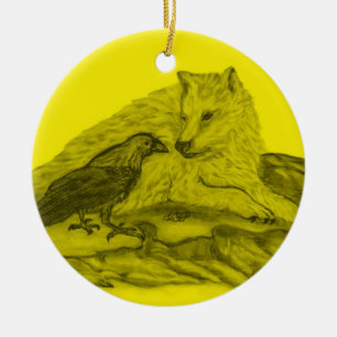 Rabe mit Wolf schwarz gelb Design Keramik Ornament