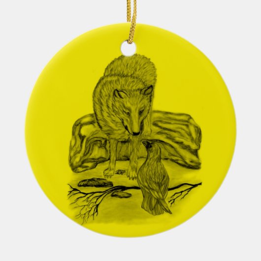 Rabe mit Wolf schwarz gelb Design Keramikornament (Vorne)