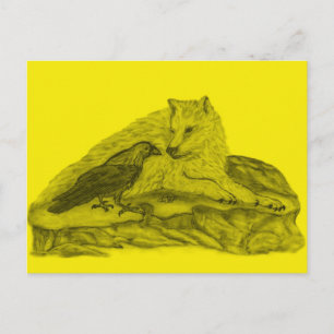 Rabe mit Wolf schwarz gelb Design Postkarte