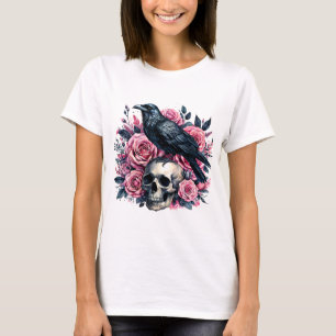 Rabe & rosa Rosen – Gothic-Totenkopf-Aquarell T-Shirt
