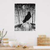 Rabe (schwarzer Vogel) in Wäldern mit Mond und Ste Poster (Küche)