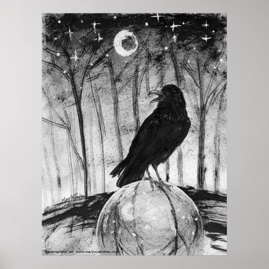 Rabe (schwarzer Vogel) in Wäldern mit Mond und Ste Poster (Vorne)