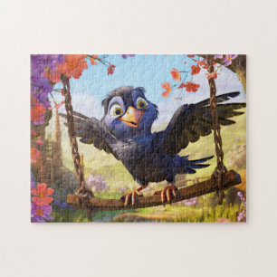 Rabe überblickt Frühlingslandschaft mit Blumen Puzzle