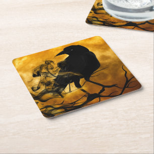Rabe und Herbstmond fallen quadratischer Papierunt Rechteckiger Pappuntersetzer