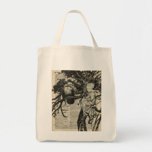 Rabe und Kind auf einer Baum-alten Vintagen Tragetasche