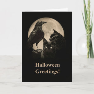 Rabe und schwarze Katzen Frohes Halloween Karte