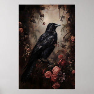 Raben-Blumenwald-Druck, Dark Academia, Gothic Poster