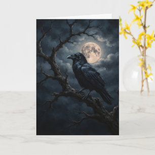 Rabenkrähe auf einem Baumzweig unter dem Vollmond Karte