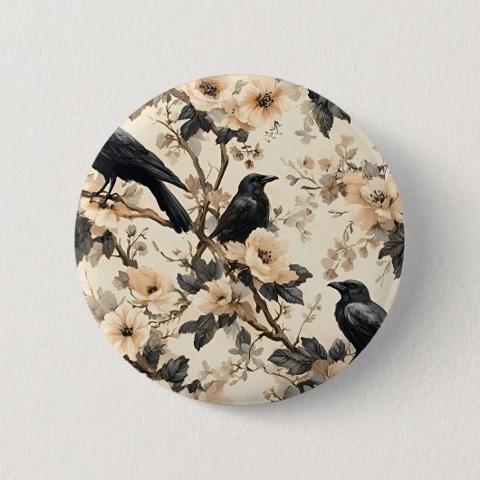 Rabenmuster Krähe Blumen Bäume Button (Vorderseite)