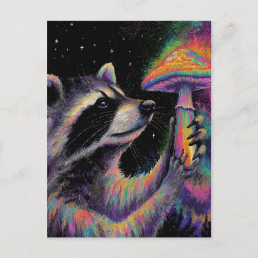 Raccoon and a Neon Chalk Mushroom at Night Postkarte (Vorderseite)