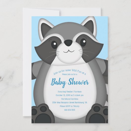 Raccoon Baby Dusche Blue Einladung (Vorderseite)