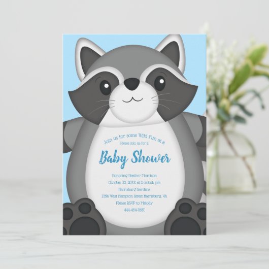 Raccoon Baby Dusche Blue Einladung (Stehend Vorderseite)