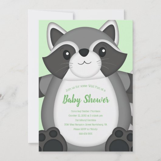 Raccoon Baby Dusche Grün Einladung (Vorderseite)