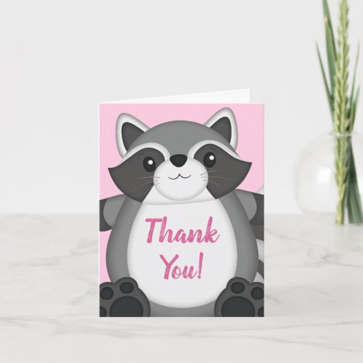 Raccoon Baby Dusche Rosa Dankeskarte (Vorderseite)