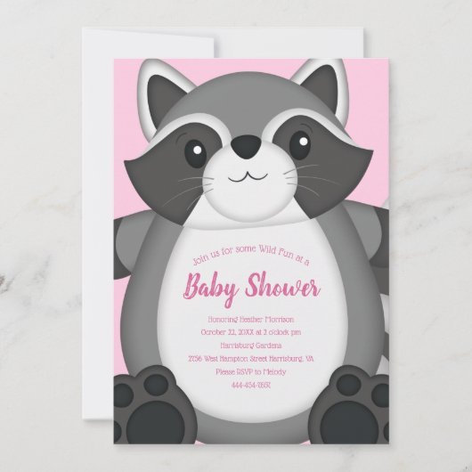 Raccoon Baby Dusche Rosa Einladung (Vorderseite)