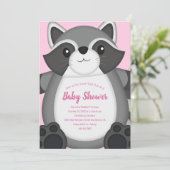 Raccoon Baby Dusche Rosa Einladung (Stehend Vorderseite)