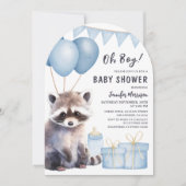 Raccoon Baby Shower Boy Blue Balloons Arch Einladung (Vorderseite)
