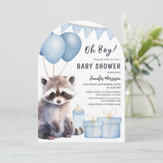 Raccoon Baby Shower Boy Blue Balloons Arch Einladung (Stehend Vorderseite)