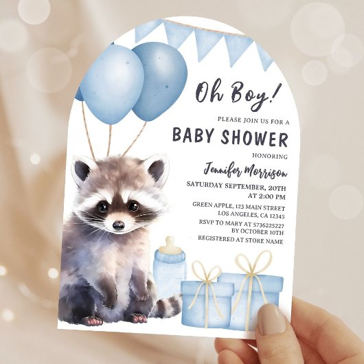 Raccoon Baby Shower Boy Blue Balloons Arch Einladung
