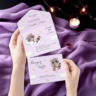 Raccoon Baby Showlavender All In One Einladung