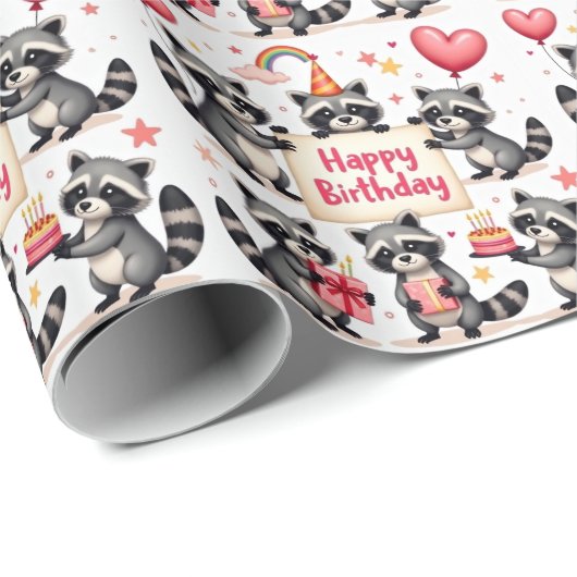 Raccoon Birthday Celebration Scene - Birthday Geschenkpapier (Rolleneckpunkt)