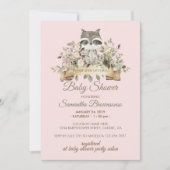 Raccoon Botanical Pink Baby Dusche Einladung (Vorderseite)
