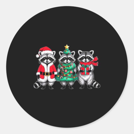 Raccoon Christmas Tree Light Santa Hat Xmas Family Runder Aufkleber (Vorderseite)