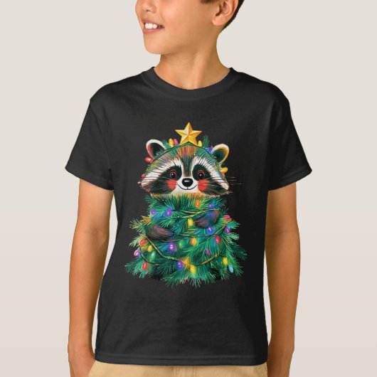 Raccoon Christmas Tree Pajamas Girls Boys Xmas Lig T-Shirt (Vorderseite)