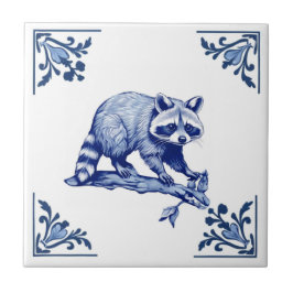 Raccoon Delft Blue und White Corners Woodland Fliese