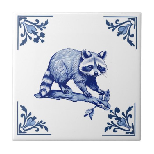 Raccoon Delft Blue und White Corners Woodland Fliese (Vorderseite)