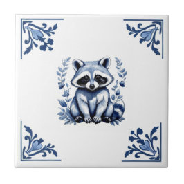Raccoon Delft Blue White Corners Woodland Tiere Fliese