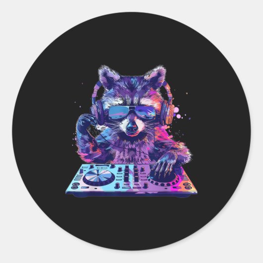 Raccoon Dj Edm Techno House Music Funny Animal Lov Runder Aufkleber (Vorderseite)
