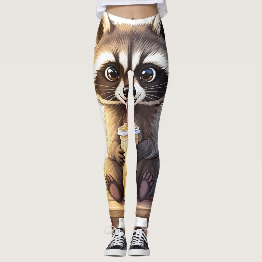 Raccoon Drinking Iced Coffee Leggings (Vorderseite)